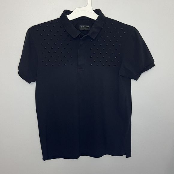 Zara Man Polo Shirt Short Sleeve Black W/ Metal Studded Accents Small Rare NWOT - Picture 3 of 9